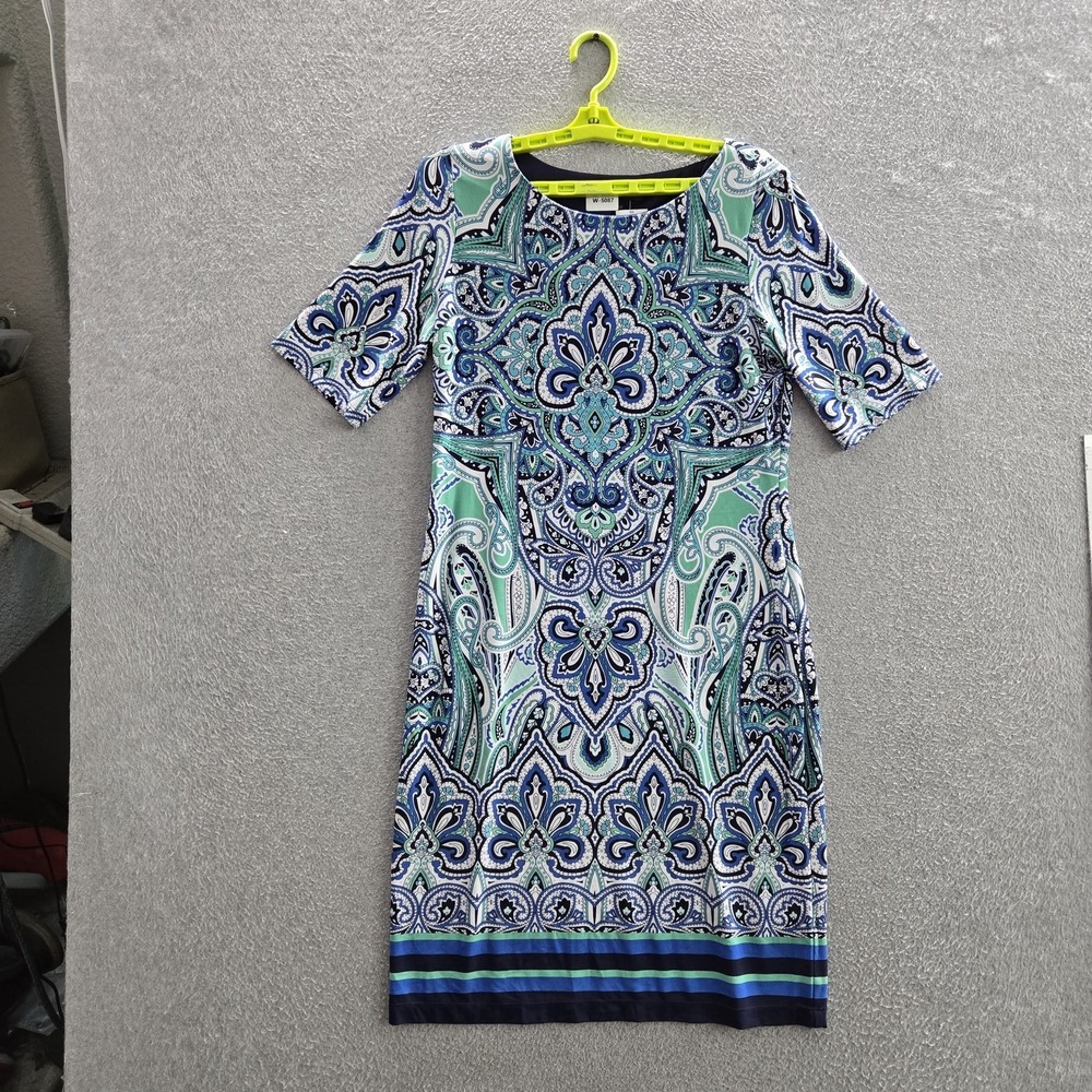 Liz Claiborne Women Dress 8 Blue Paisley Shift Short Sleeve Artsy Boho